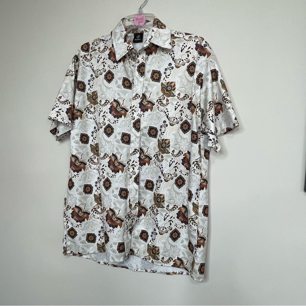 Hurley Men's White, Brown and Navy Patterned Shirt~ Size Large ~ Business Casual